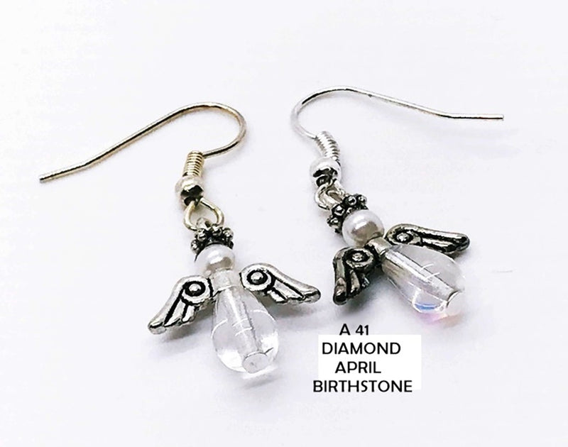 Diamond - April Birthstone Glass Angel Earrings