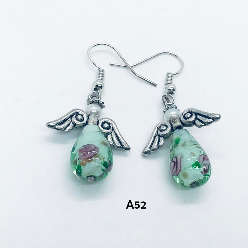 Green Flower Angel Earrings with Hypo-Allergenic Ear Wires