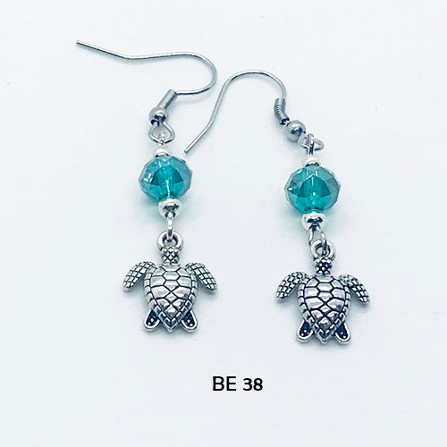 Aquamarine Crystal Sea Turtle Earrings - Hypo-Allergenic Surgical Steel Ear Wires - March Birthstone