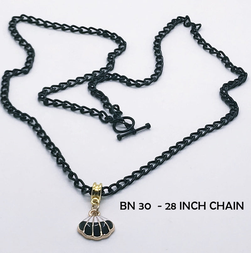 Black and White Scallop Shell Necklace on 28 Inch Black Chain