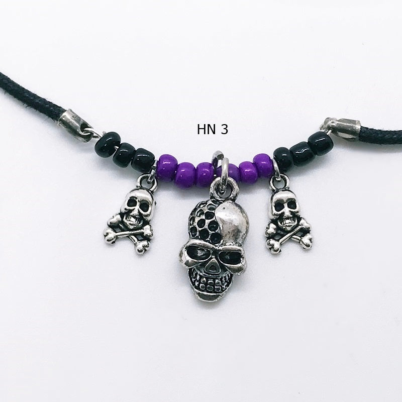 Handcrafted Black and Purple Halloween Skull Necklace