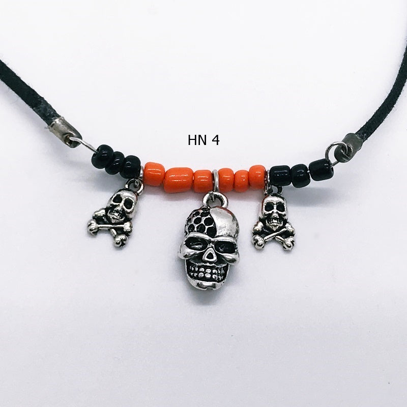 Handcrafted Black and Orange Halloween Skull Necklace