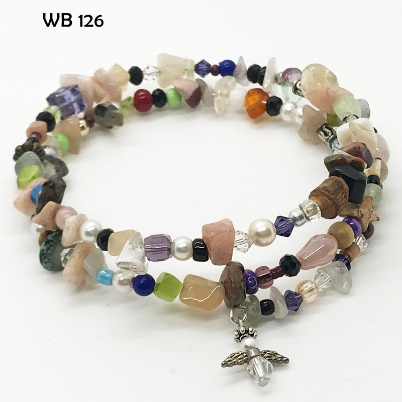 Multi-Colored Bead and Stone Memory Wire Bracelet with Guardian Angel Dangle