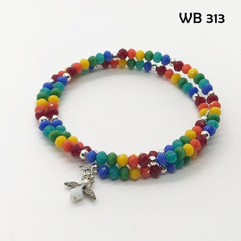 Crystal Rainbow Memory Wire Bracelet With Angel Dangle