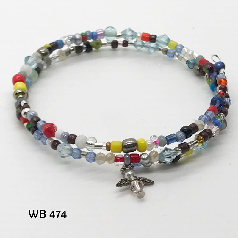 Multi-Colored Glass Seed Bead Memory Wire Bracelet With Crystal Angel Dangle