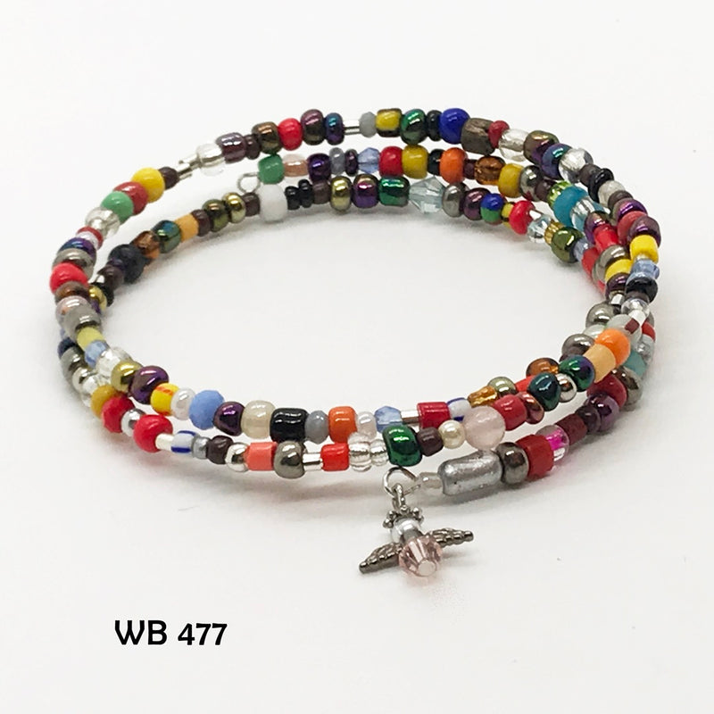 Multi-Colored Glass Seed Bead Memory Wire Bracelet With Crystal Angel Dangle