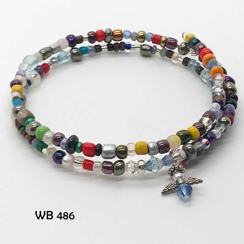 Multi-Colored Glass Seed Bead Memory Wire Bracelet With Crystal Angel Dangle