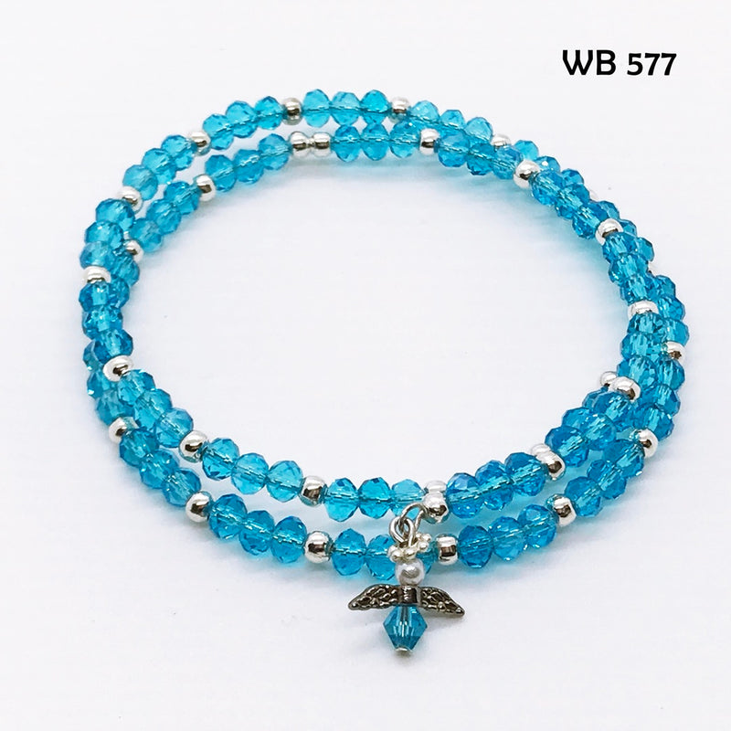 Topaz Blue Crystal Memory Wire Bracelet with Tiny Guardian Dangle