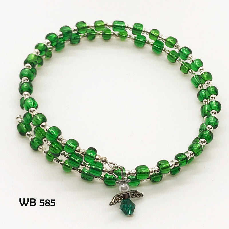 Emerald Green and Silver Memory Wire Bracelet with Guardian Angel Dangle