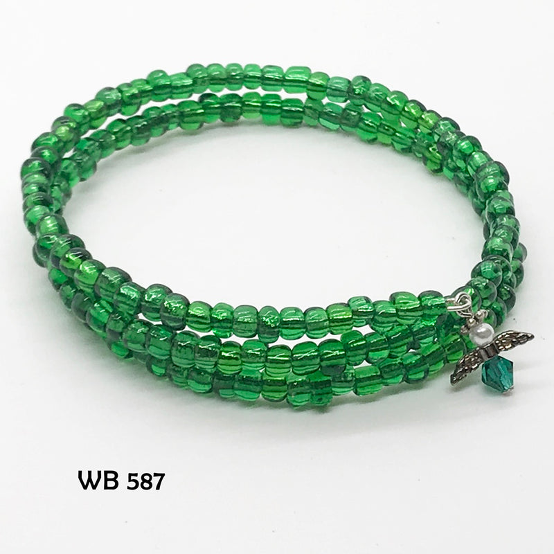 Emerald Green Glass Seed Bead Memory Wire Bracelet with Angel Dangle -May Birthstone Colored