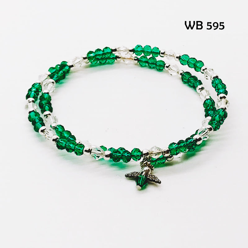 Emerald Green Crystal Memory Wire Bracelet with Guardian Angel Dangle