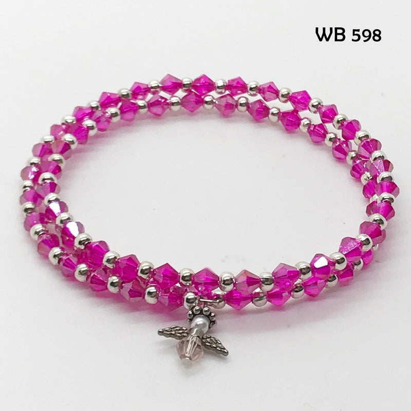 Hot Pink Crystal Memory Wire Bracelet with Guardian Angel Dangle