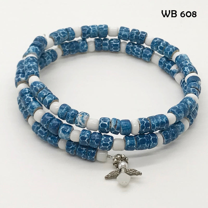 Ocean Blue and White Polymer Clay Memory Wire Bracelet with Guardian Angel Dangle