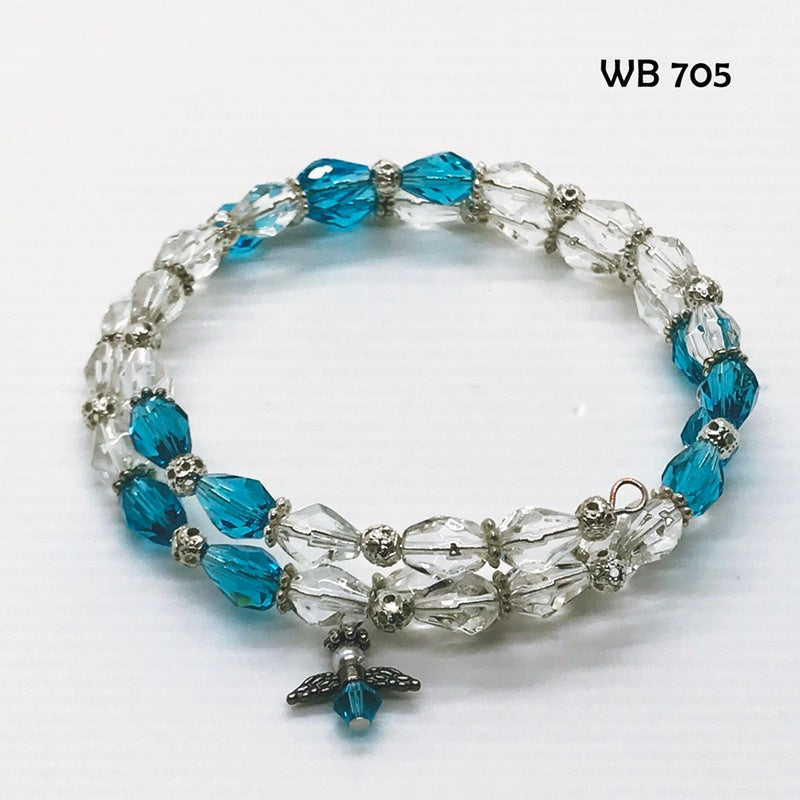 Catalina Blue and Clear Faceted Crystal Memory Wire Bracelet with Guardian Angel Dangle