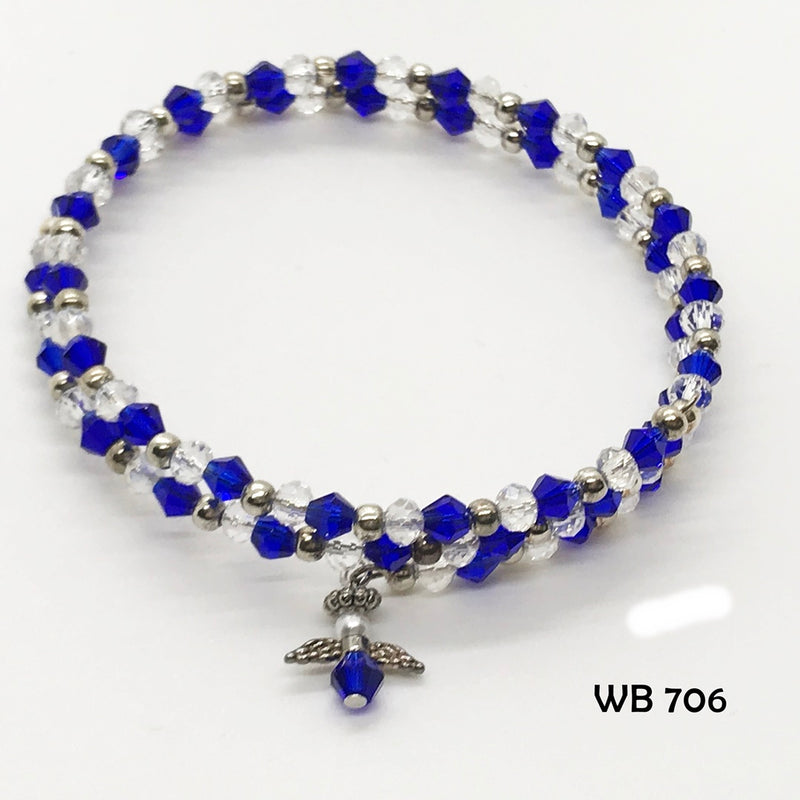 Marine Blue and Clear Crystal Memory Wire Bracelet with Guardian Angel Dangle