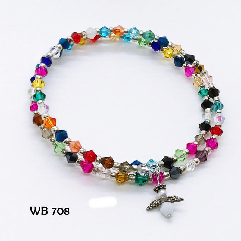 Multi-Colored Crystal Memory Wire Bracelet with Guardian Angel Dangle