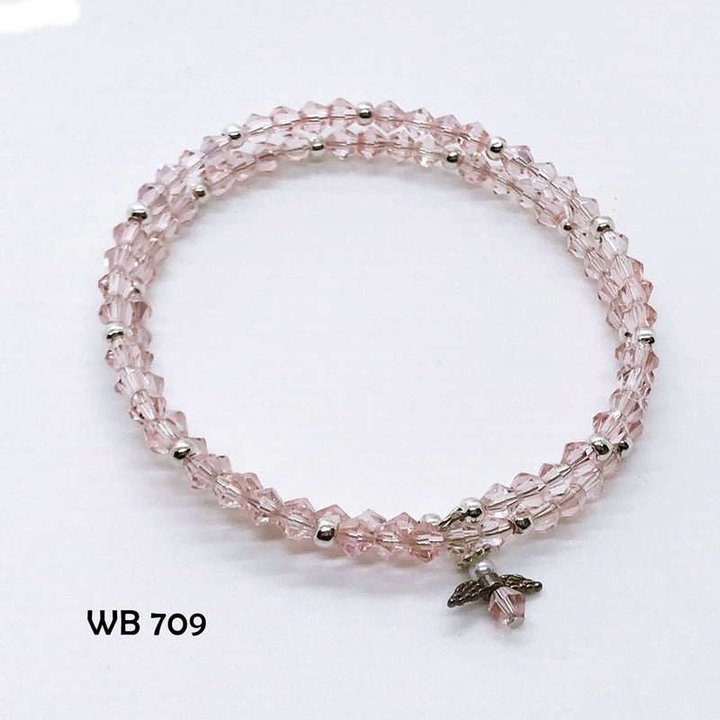 Pale Pink Crystal Memory Wire Bracelet with Guardian Angel Dangle