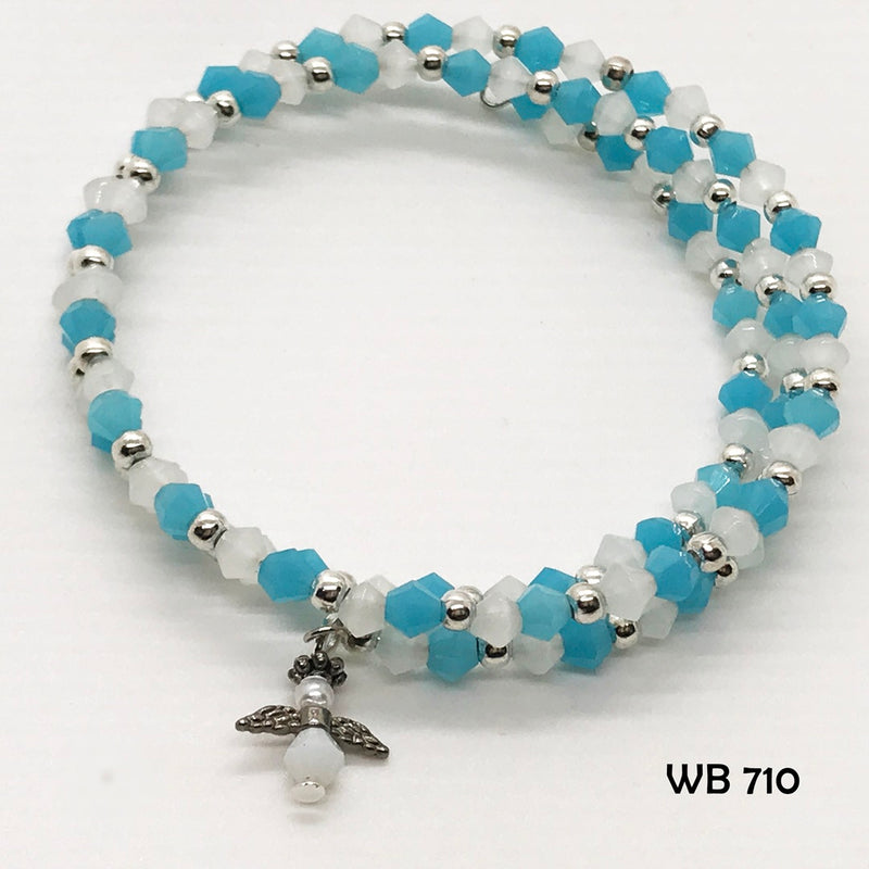 Turquoise Blue Crystal Memory Wire Bracelet with Tiny Guardian Dangle