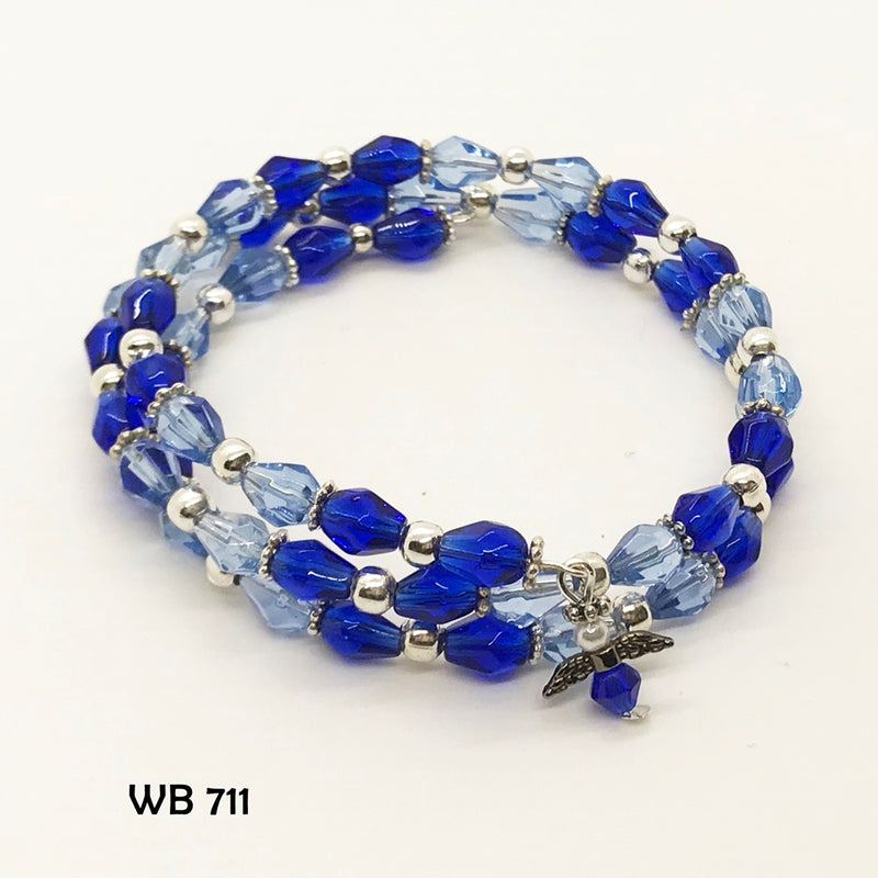 Cobalt and Pale Blue Faceted Crystal Memory Wire Bracelet with Guardian Angel Dangle