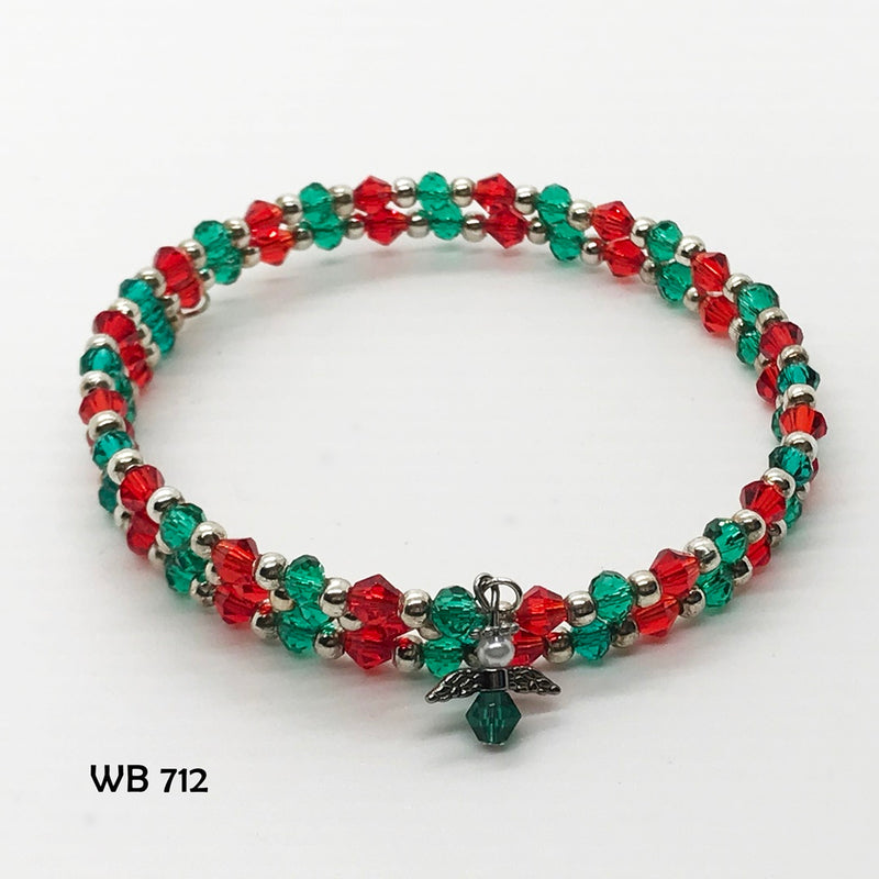 Christmas Red and Green Crystal Memory Wire Bracelet with Guardian Angel Dangle