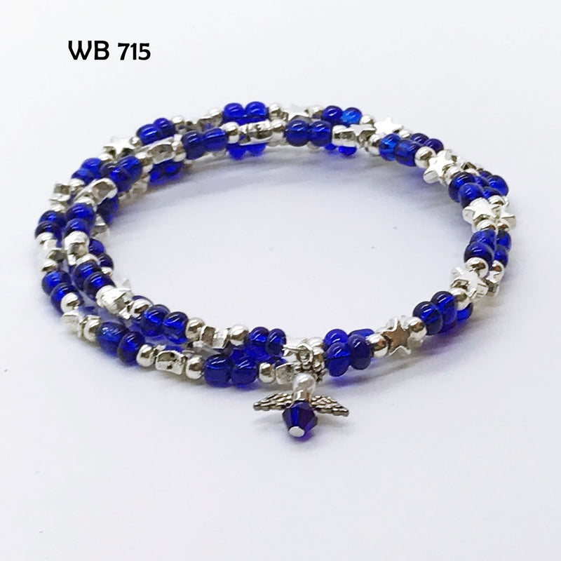 Bright Blue and Silver Star Crystal Memory Wire Bracelet with Angel Dangle