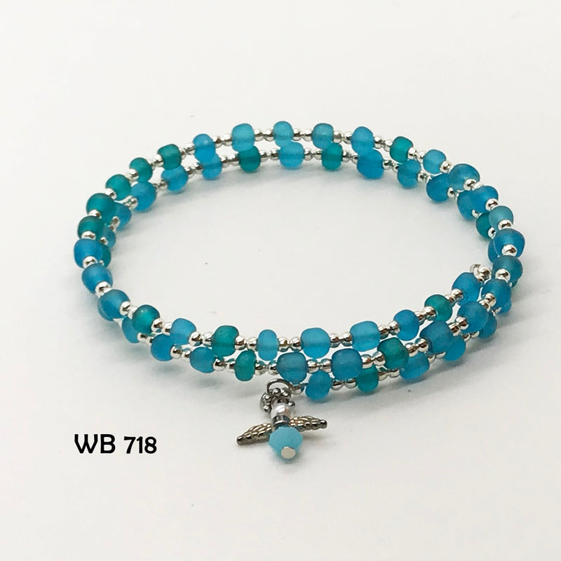 Bright Aqua Blue Memory Wire Bracelet with Crystal Angel Dangle