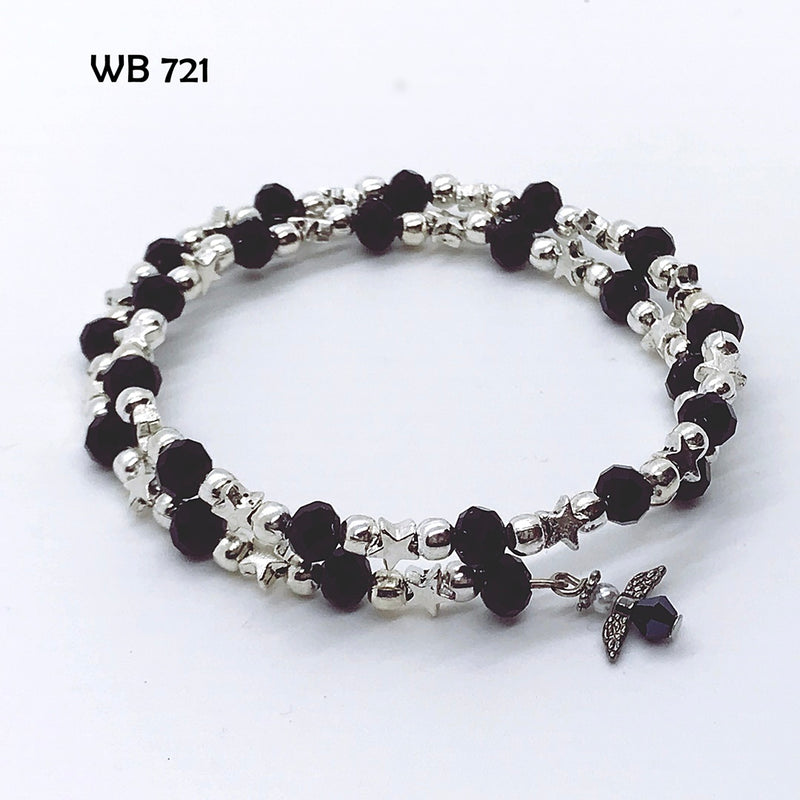 Black Crystal with Silver Star Memory Wire Bracelet with Guardian Angel Dangle