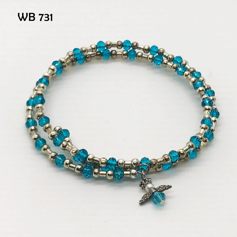 Aqua Blue Crystal Handcrafted Memory Wire Bracelet with Guardian Angel Dangle