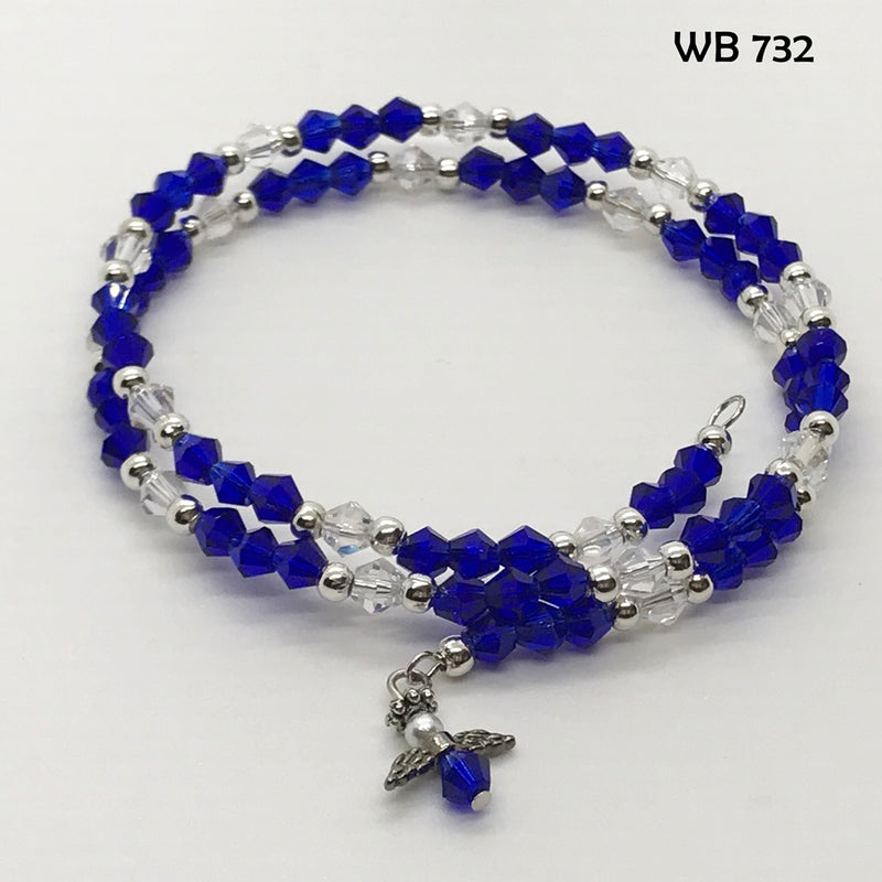 Royal Blue Handcrafted Crystal Memory Wire Bracelet with Guardian Angel Dangle