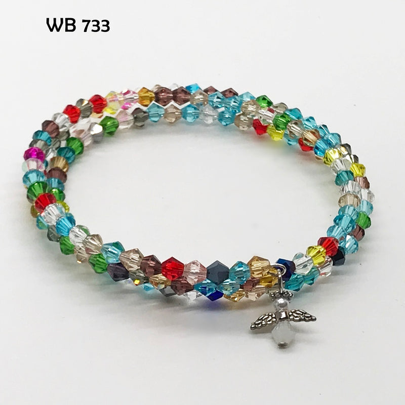 Multi-Colored Crystal Memory Wire Bracelet with Tiny Angel Dangle