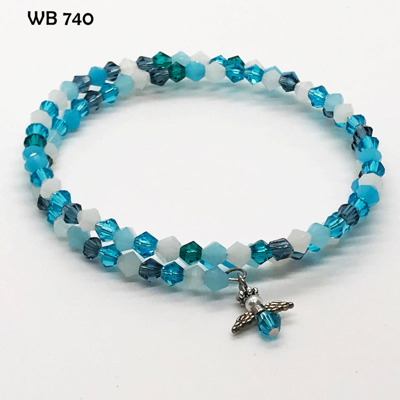 Blue Seas Crystal Memory Wire Bracelet with Tiny Guardian Dangle