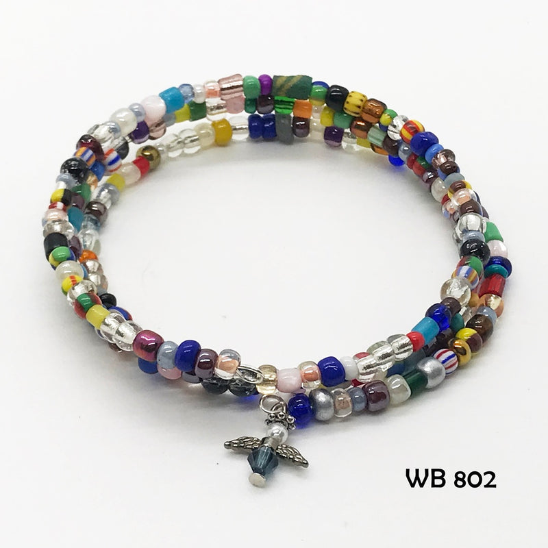 Multi-Colored Glass Seed Bead Memory Wire Bracelet With Crystal Angel Dangle