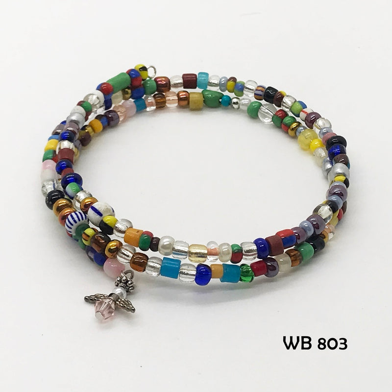 Multi-Colored Glass Seed Bead Memory Wire Bracelet With Crystal Angel Dangle