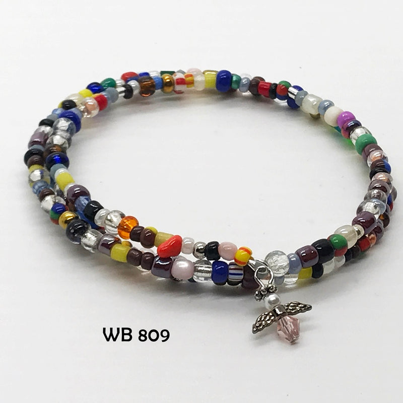 Multi-Colored Glass Seed Bead Memory Wire Bracelet With Crystal Angel Dangle