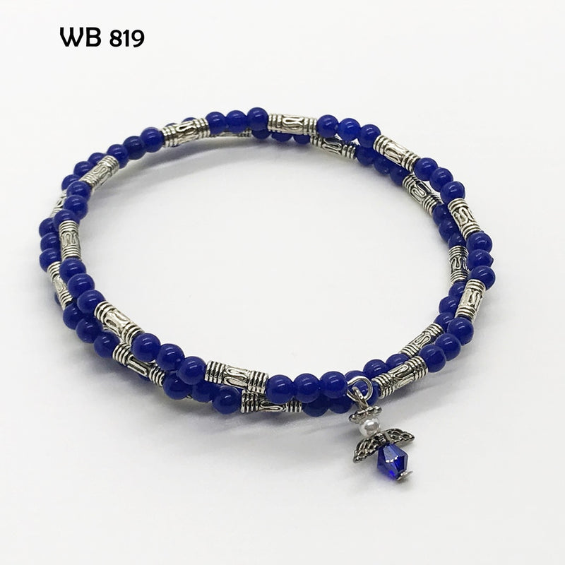 Cobalt Blue and Silver Memory Wire Bracelet with Guardian Angel Dangle