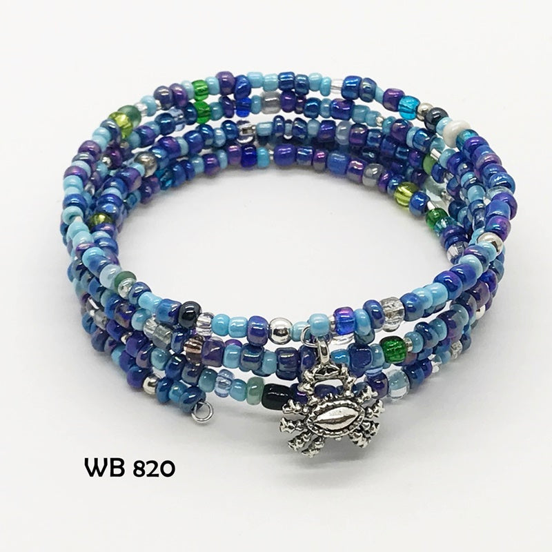 Shades of Blue & Silver Seed Bead Memory Wire Bracelet with Crab Dangle