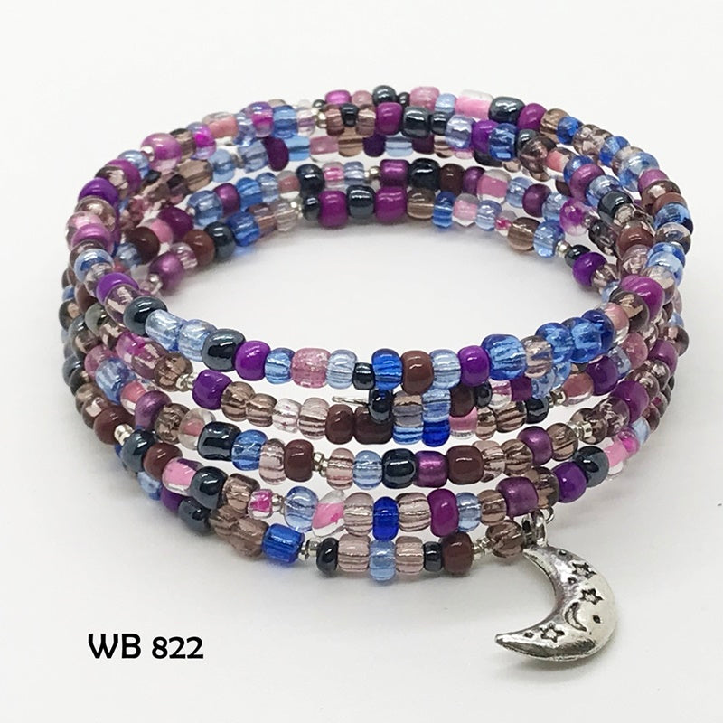 Multi-Colored Seed Bead Memory Wire Bracelet with Moon and Stars Dangle