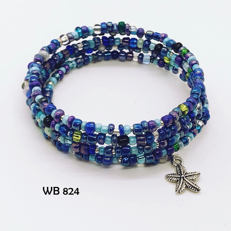 Multi-Color Beach Memory Wire Bracelet with Starfish Dangle