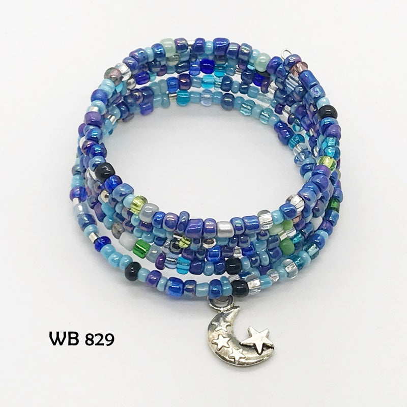 Multi-Colored Seed Bead Memory Wire Bracelet with Moon and Stars Dangle