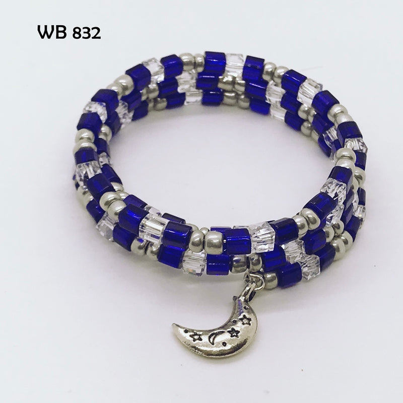 Moon and Stars Cobalt Blue Crystal Cube Memory Wire Bracelet