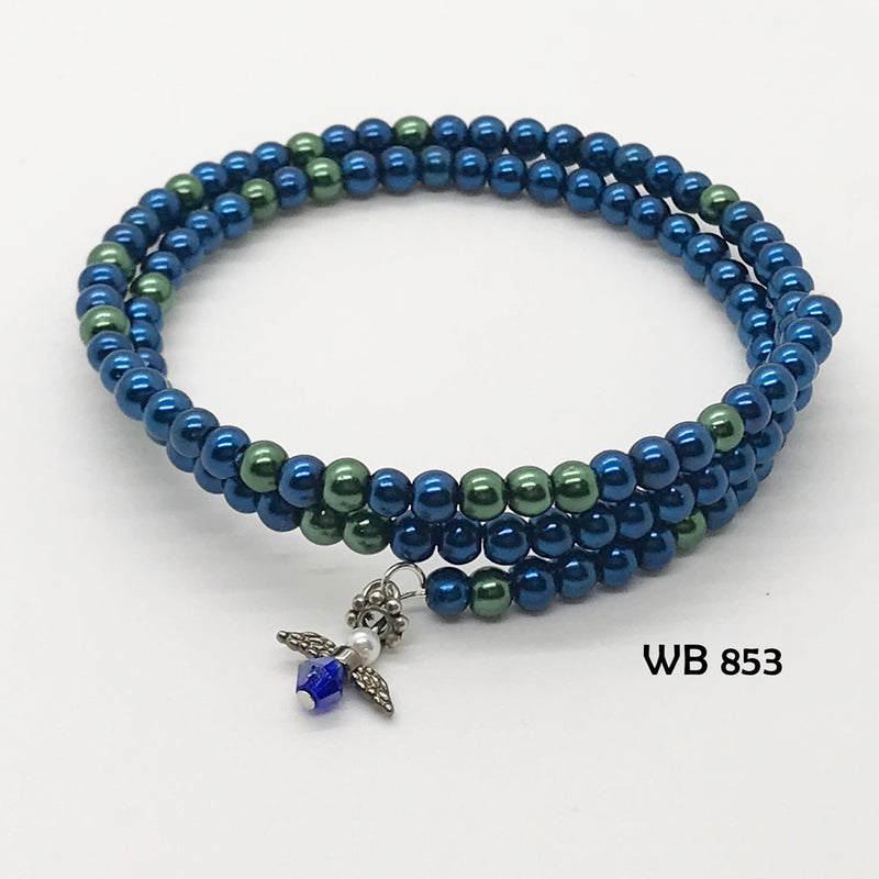 Blue and Green 4MM Glass Pearl Memory Wire Bracelet with Guardian Angel Dangle