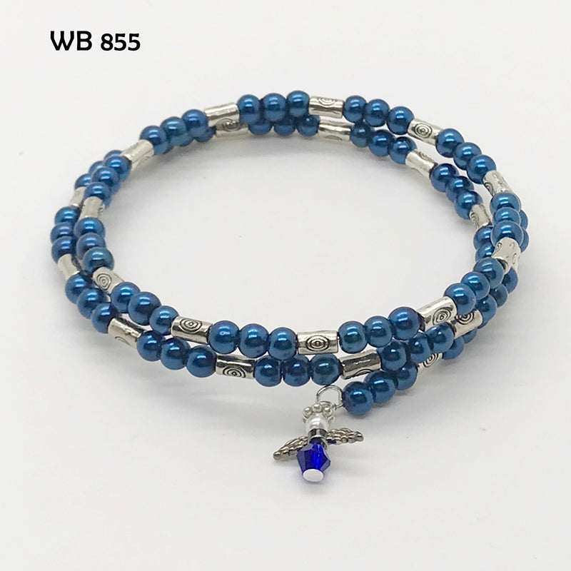 Deep Blue 4mm Glass Bead Memory Wire Bracelet with Guardian Angel Dangle