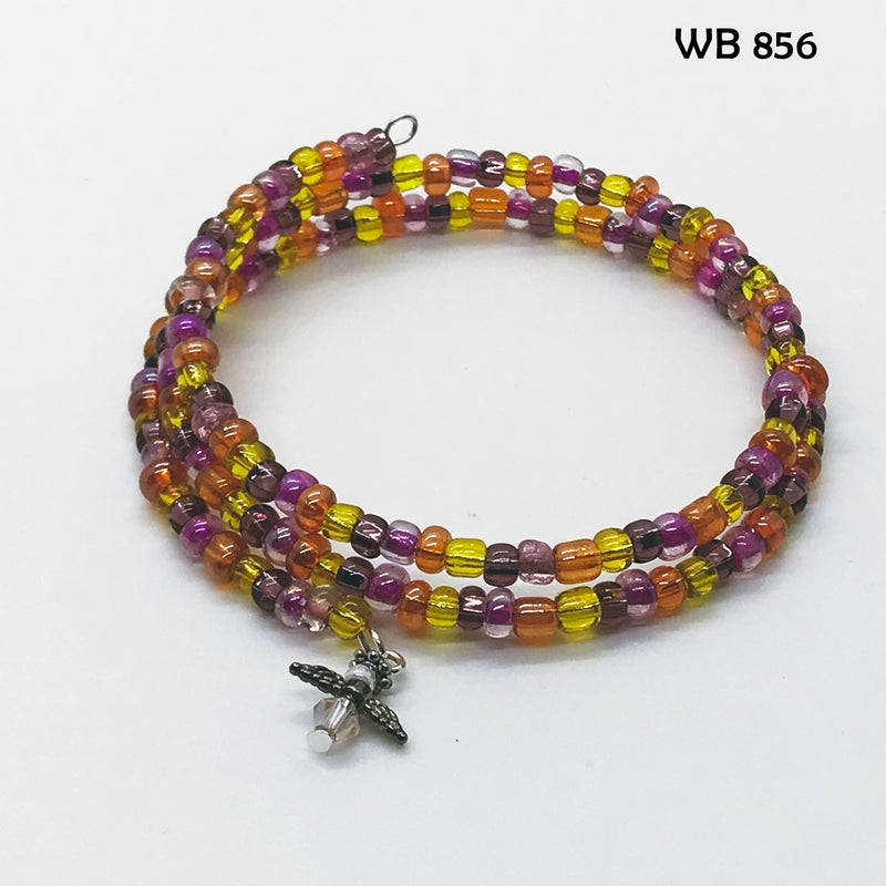 Autumn Sunset Memory Wire Seed Bead Bracelet With Crystal Angel Dangle