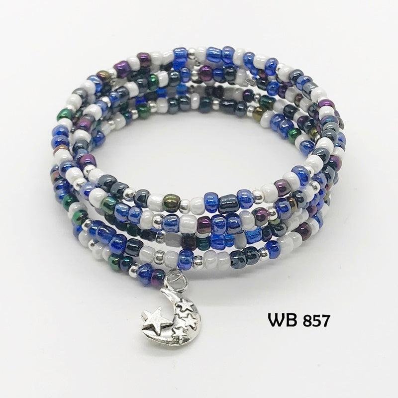 Multi-Colored Glass Seed Bead Moon and Stars Memory Wire Bracelet