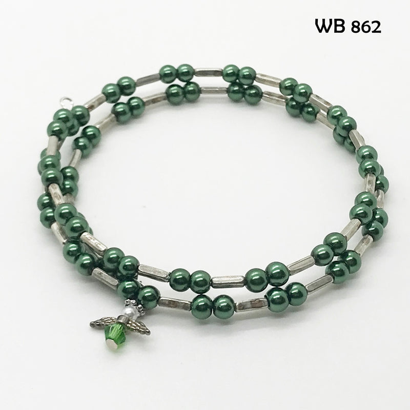 Olive Green 4mm Glass Pearl Memory Wire Bracelet with Guardian Angel Dangle