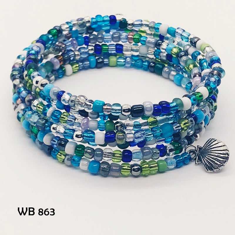 Ocean Hue Seed Bead Memory Wire Bracelet with Seashell Dangle