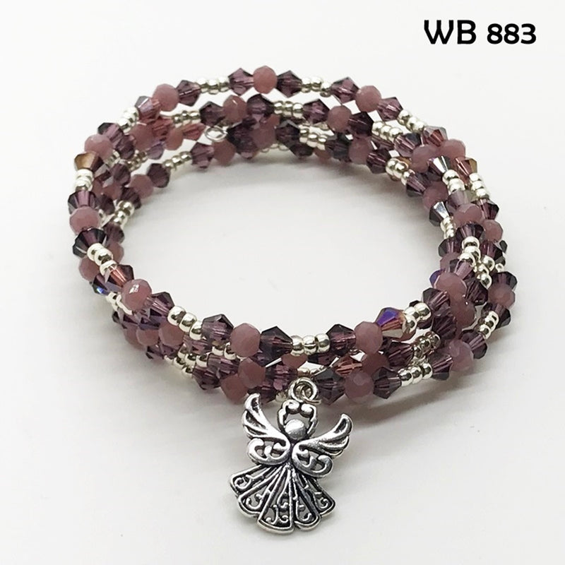 Amethyst Colored Crystal Memory Wire Bracelet with Angel Dangle- February Birthstone Colored