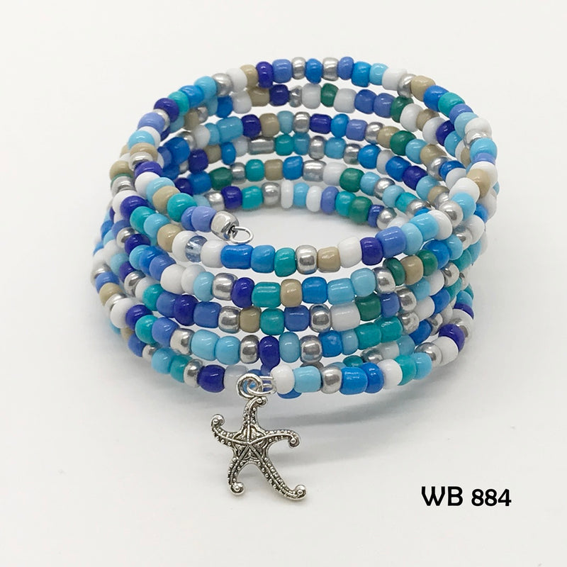 Blue Silver & White Seed Bead Memory Wire Bracelet with Starfish Dangle