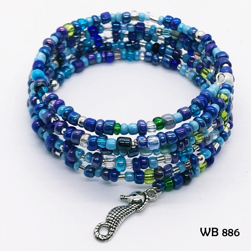 Shades of Blue Seed Bead Beach Memory Wire Bracelet with Sea Horse Dangle