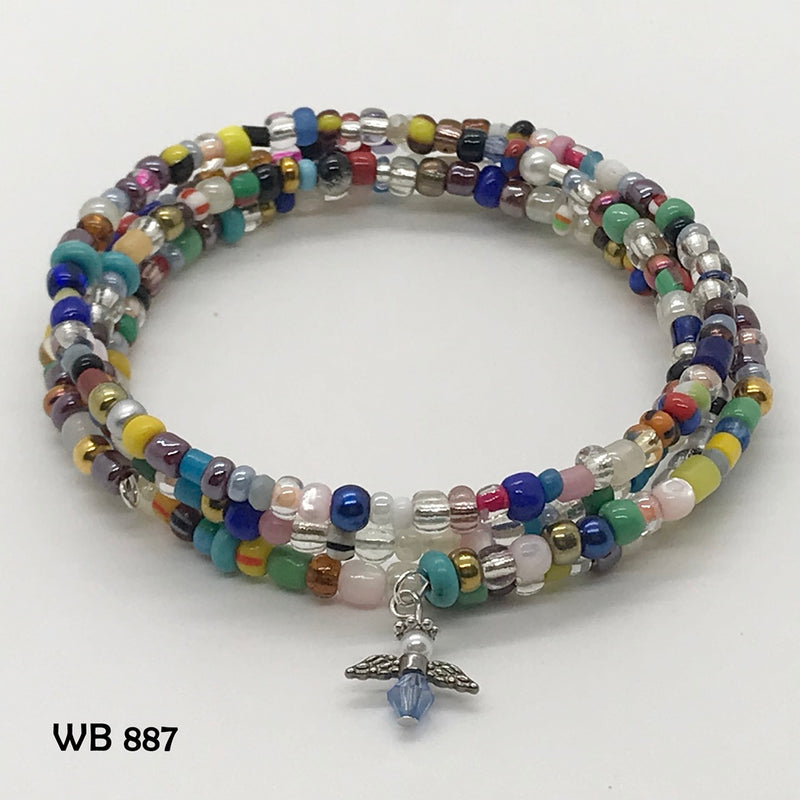 Multi-Colored Glass Seed Bead Memory Wire Bracelet With Crystal Angel Dangle